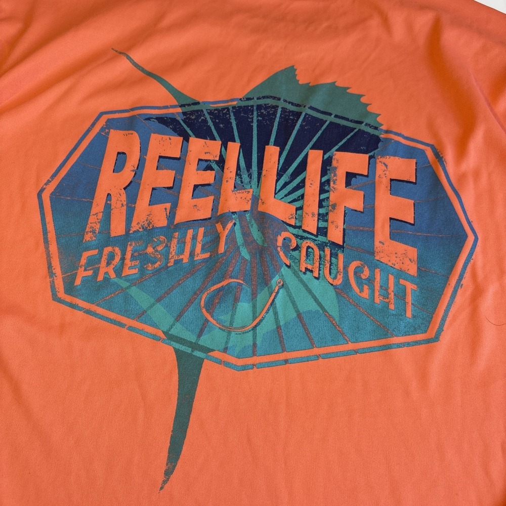 Reel Life Graphic Long Sleeve UV Fishing Shirt‎ Beach Men's LARGE Faded Orange